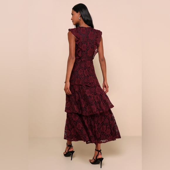 Lulus Molinetto Burgundy Lace Ruffled Tiered Sleeveless Dress - Picture 2 of 8